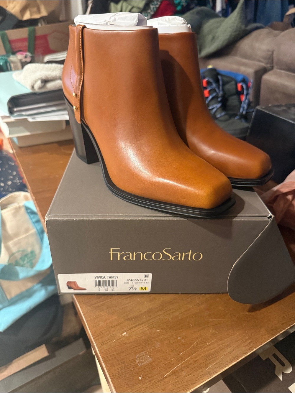 Franco Sarto Tan Leather Block Heel Ankle Booties
